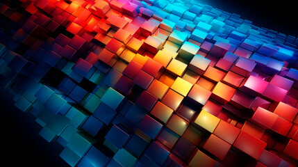 3D vibrant background of overlapping squares in a gradient of rainbow colors