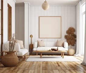 Mockup frame within an interior background, featuring a room decorated in light pastel colors with a touch of Scandi-Boho style. Made with Generative AI technology