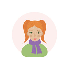 A girl with red hair. Avatar with the image of a cute girl in cartoon style. A woman in a green sweater with a green scarf. Vector illustration