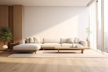 White minimalist living room interior with sofa on a wooden floor, decor on a large wall, white landscape in window. Home Nordic interior | Scandinavian interior poster mock up,Generative AI.