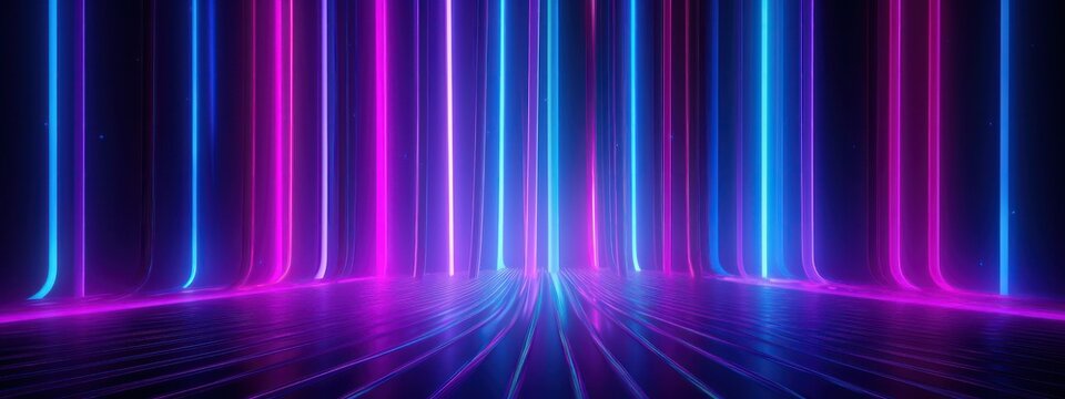 3d render, abstract neon background with glowing pink blue vertical lines. Digital ultraviolet wallpaper