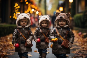 Children in a halloween costumes, kids are walking in the street