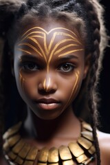Young child female African warrior character in the style of Avatar.