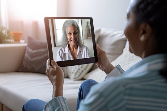 Elderly woman talks health with doctor via telehealth. Photo generative AI
