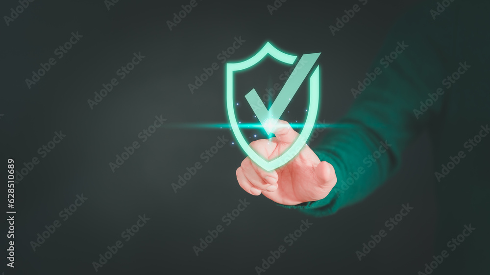 Leinwandbilder Customer is pressing identity proofing icon for security protection systems on virtual screen. Certified guarantee approval or secure access system concept. Quality assurance of business services.