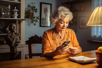 Fototapeta na wymiar Elderly woman with pill bottle, checking phone at home. Photo generative AI