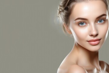 Beauty woman with clean fresh skin, Feels happy with beautiful healthy skin.