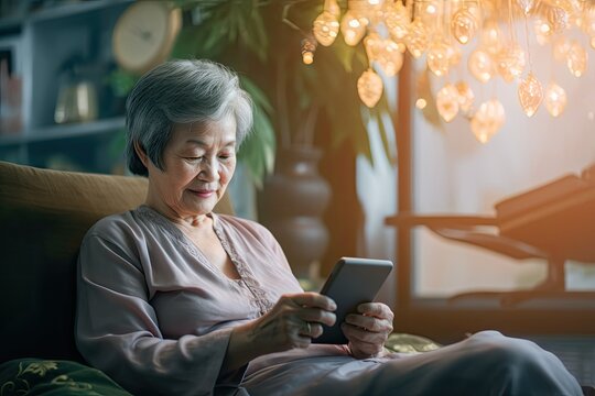 Elderly Asian woman reading text on smartphone in city apartment living room. Photo generative AI