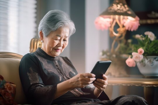 Elderly Asian woman reading text on smartphone in city apartment living room. Photo generative AI