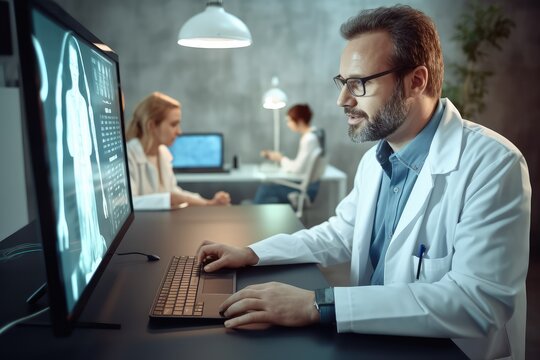 Better communication: doctor uses computer for video conference with colleagues in medical office. Photo generative AI