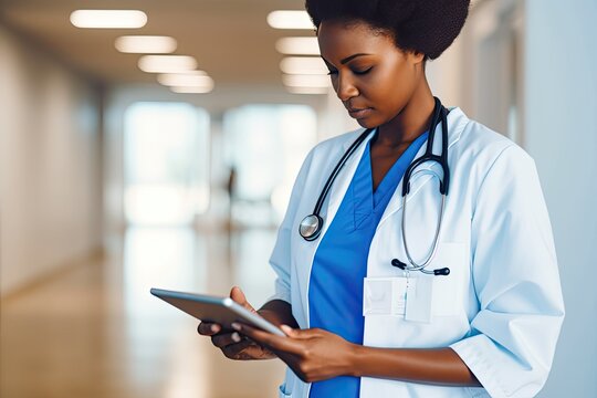 Telehealth: Black woman healthcare worker and doctor on medical software. Nurse communicates diagnosis for insurance or contact us. Photo generative AI