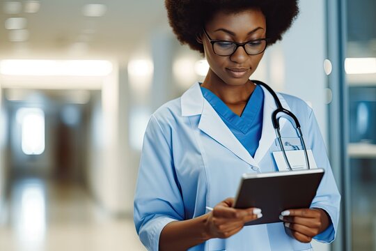 Telehealth: Black woman healthcare worker and doctor on medical software. Nurse communicates diagnosis for insurance or contact us. Photo generative AI