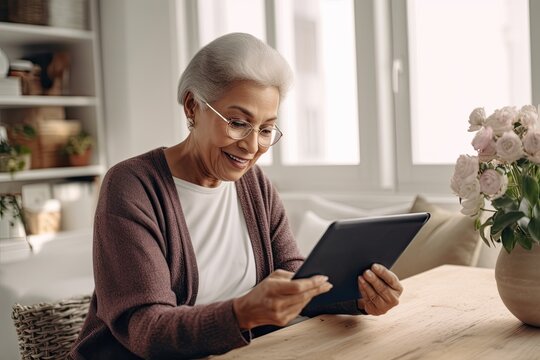 Senior women embracing retirement with online banking on tablets. Photo generative AI