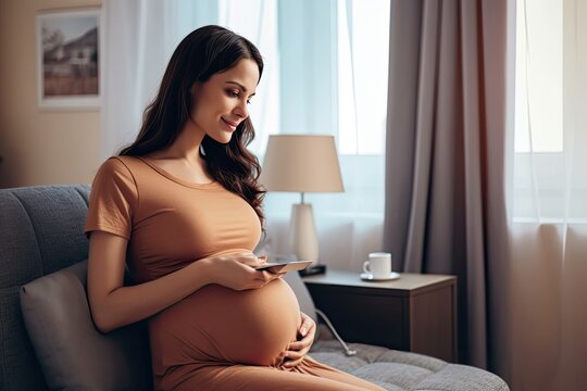 Pregnant woman video calling doctor at home. Photo generative AI