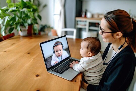 Mother and baby video call doctor from home. Photo generative AI