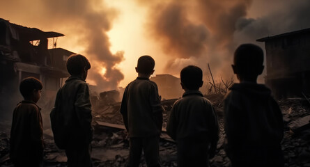 Children stands on the ruins of a destroyed building and looks into the distance, The atrocities of war affecting children.