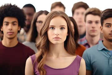 Obraz premium Frustrated young woman standing among multi ethnic group of people.