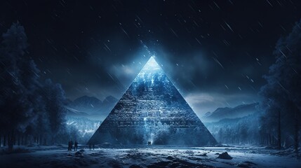 blue pyramid in a snowfall at night generative ai - obrazy, fototapety, plakaty