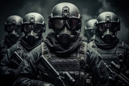 Military swat with gas masks cover each other, In full combat readiness to break through the smoke from chemical weapons.