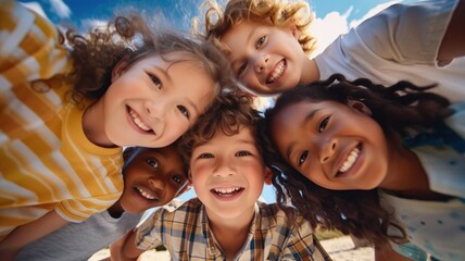 Portrait of children smile for summer holiday, weekend and playing together, Friends, Below view.