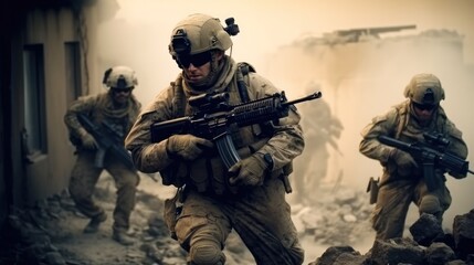 Obraz premium Counter terrorist team on the move on war, US marines in action.