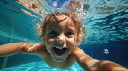 Happy children have fun in swimming pool, Funny child swim, dive in pool.