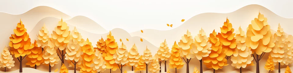 Poster a row of yellow trees autumn panoramic drawing cartoon background. © kichigin19