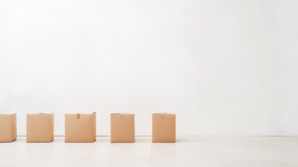 a row of cardboard boxes against a white wall, relocation.