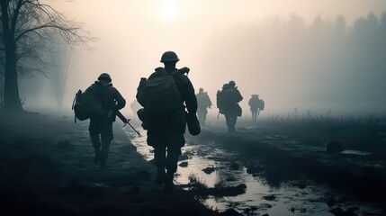 Obraz na płótnie Canvas Soldiers during Military Mission, Group of special forces soldiers on the move In area filled with fog and smoke.