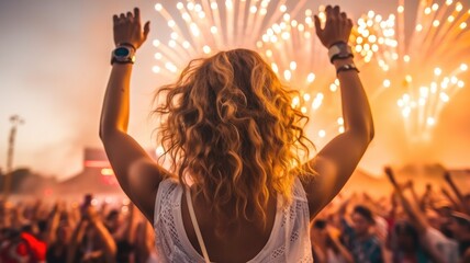 Rear view happy girl on a music festival.