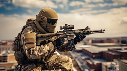 Fototapeta premium Army soldiers fighting with guns and defending country during the military operation.
