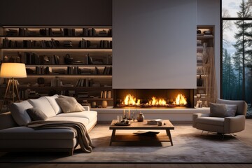 Stylish room interior with beautiful fireplace.