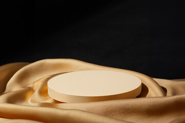 jewelry product stand cosmetic display podium on golden soft fabric landscape horizontal