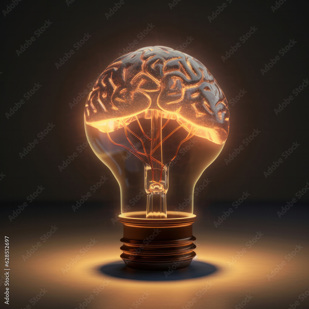 Poster the power of the mind is represented in a conceptual light bulb with a glowing brain inside, highlig