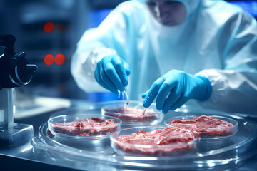 Lab-grown cultured meat in a petri dish