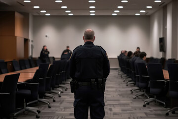 Fototapeta premium Guard In Black Stands With His Back To An Unfocused Conference Room. Generative AI
