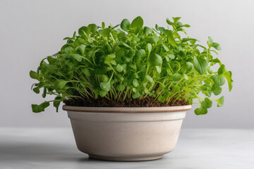 Arugula Salad Growing In White Pot On White Background. Generative AI