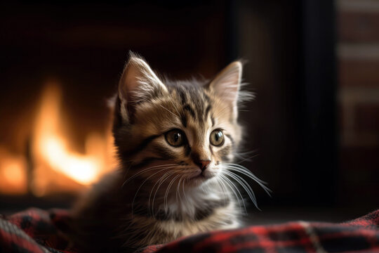 Kitten In Plaid With Defocused Fireplace In Background. Generative AI