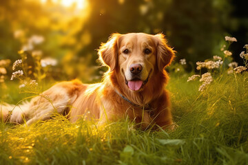 Golden Retriever Dog Lies In The Beautiful Grass. Generative AI
