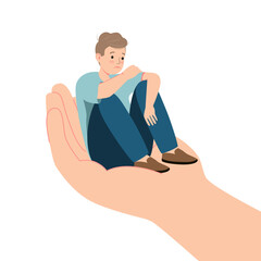 Human hand helps a sad man to get rid of anxiety. The counselor supports the teen with psychological problems. Mental health aids and medical help for people under depression