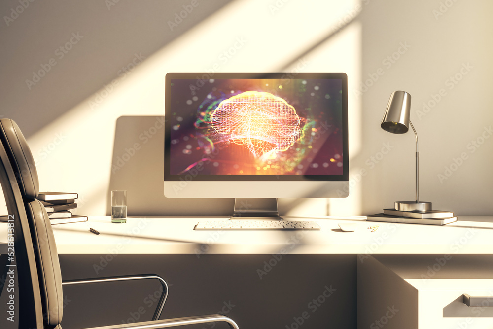 Poster modern computer display with creative human brain microcircuit. future technology and ai concept. 3d