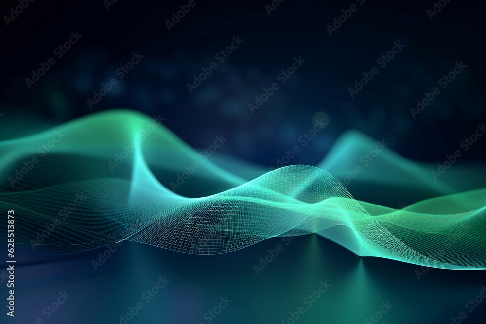Poster neon glow green dynamic wavy mesh and glowing light particles futuristic technology abstract backgro
