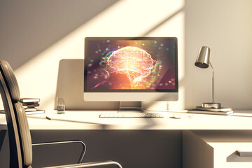 Modern computer display with creative human brain microcircuit. Future technology and AI concept. 3D Rendering