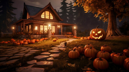 Haunted house decorated with spooky jack o'lantern carved pumkins and maple tree, very creepy place for trick or treating on Halloween night, with copy space.