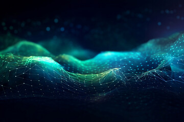 Neon glow low poly mesh in green and blue gradient color futuristic technology abstract landscape background.