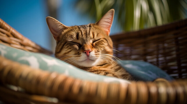 Cute tabby cat relax under sunshine in a basket on the beach in summer, coconut tree and blue sky on the background.
