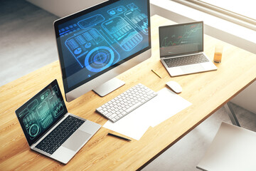 Modern computer monitor with abstract creative statistics data hologram, statistics and analytics concept. 3D Rendering