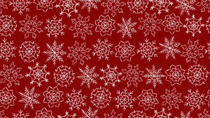Fototapeta Chalk  snowflakes pattern.Children drawing crayon style snowflake print.Hand drawn wax crayons art on red backdrop.New year and Merry Christmas snowflakes.Color pastel crayons freehand drawn snowflake obraz