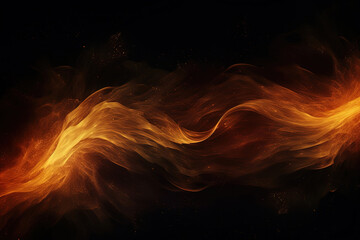 Golden flame on black grainy textured background, abstract blurred orange waves on dark noise texture, copy space