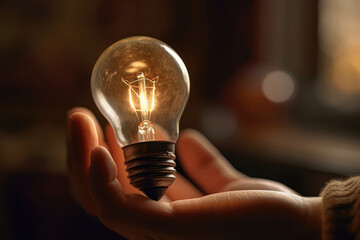 Hand Holding Light Bulb, Closeup. The Concept Of Inspiration, Motivation, Creativity, Intelligence. Generative AI